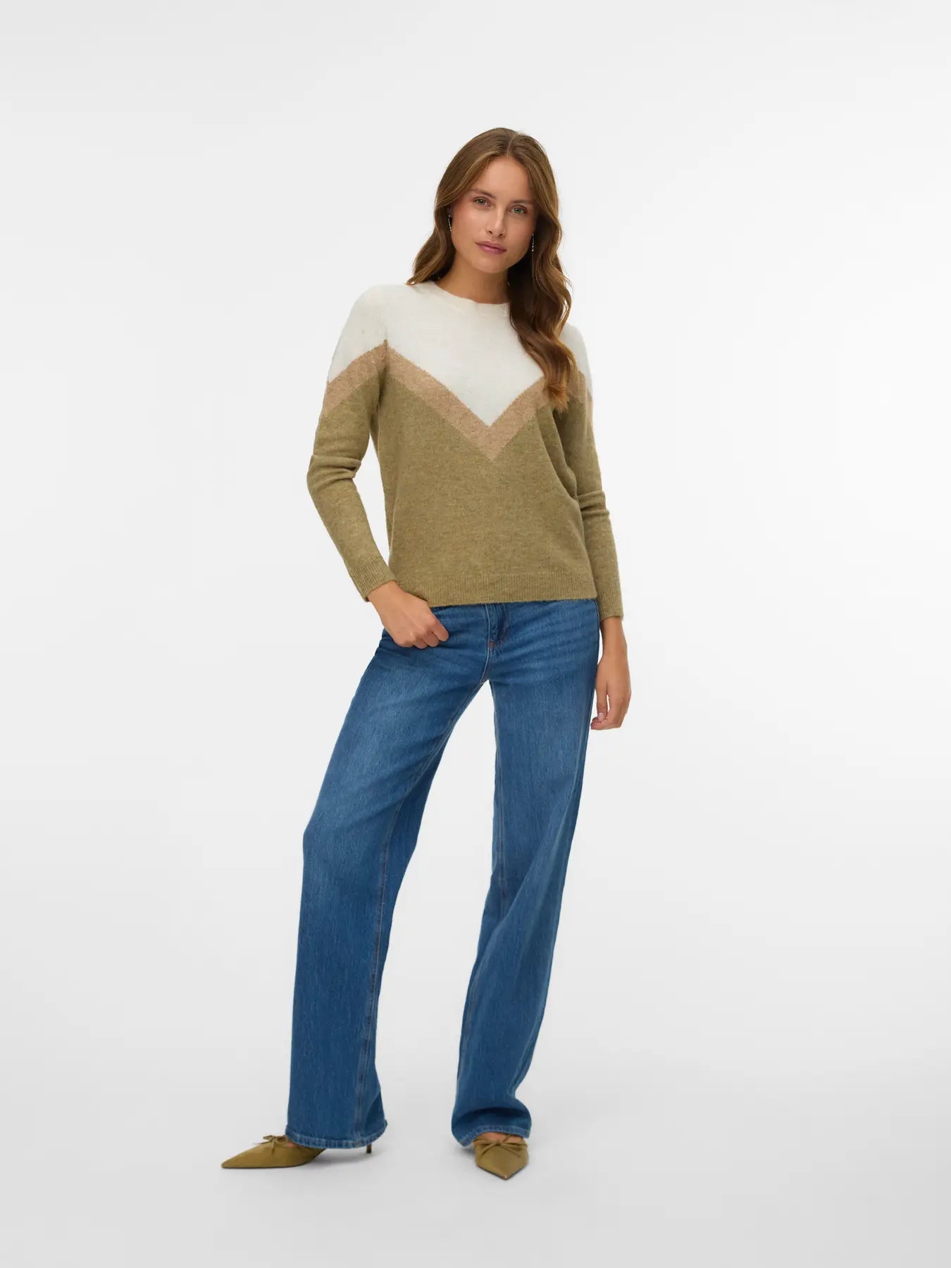 Women's crew neck knit sweater in olive, cream and taupe with geometric chevron color-block pattern.