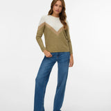 Women's crew neck knit sweater in olive, cream and taupe with geometric chevron color-block pattern.