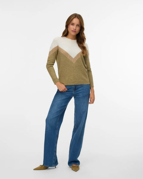 Women's crew neck knit sweater in olive, cream and taupe with geometric chevron color-block pattern.