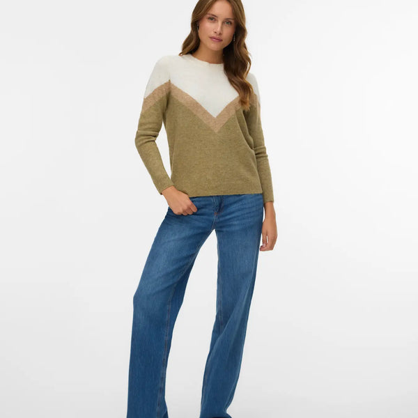 Women's crew neck knit sweater in olive, cream and taupe with geometric chevron color-block pattern.