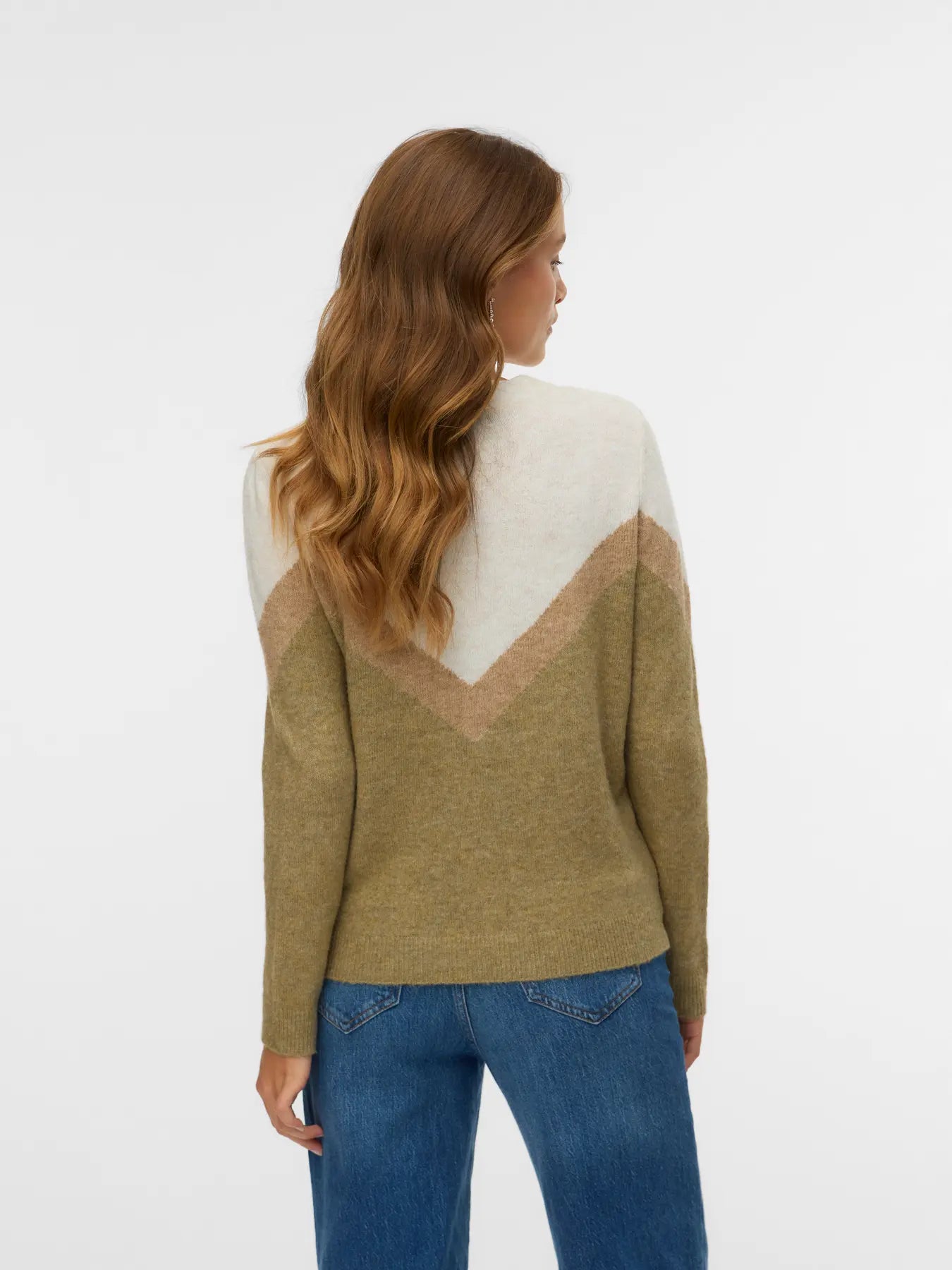 Boutique women's olive and cream knit sweater with long sleeves and geometric color-block detail for everyday wear.