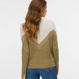 Boutique women's olive and cream knit sweater with long sleeves and geometric color-block detail for everyday wear.
