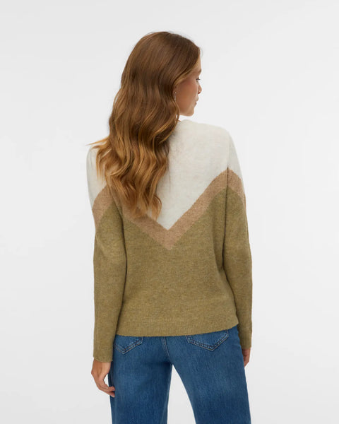 Boutique women's olive and cream knit sweater with long sleeves and geometric color-block detail for everyday wear.