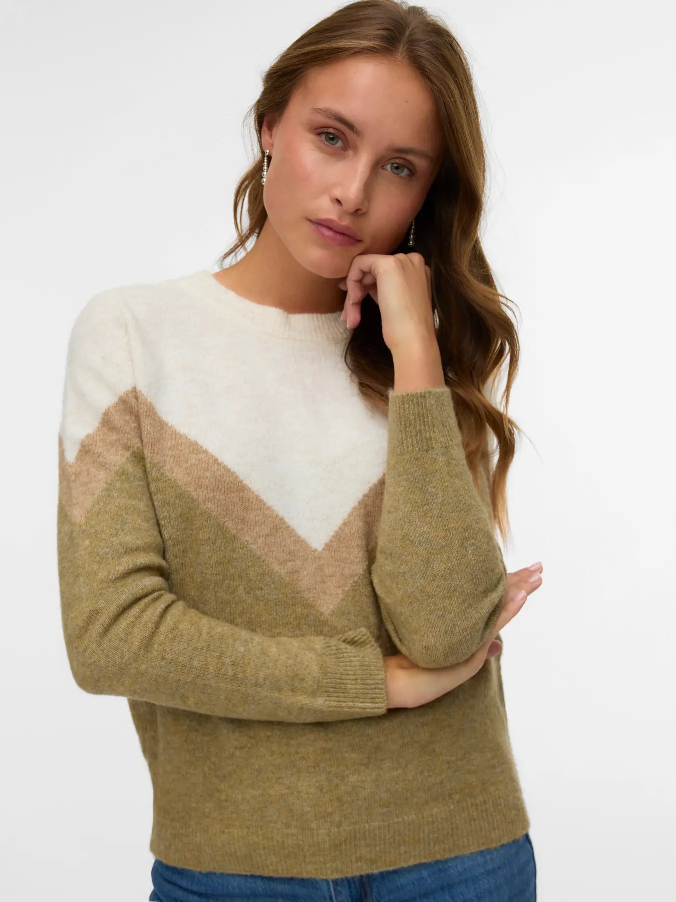 Boutique women's olive green long-sleeve pullover with cream yoke and V-shaped chevron color-block design.