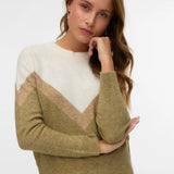 Boutique women's olive green long-sleeve pullover with cream yoke and V-shaped chevron color-block design.