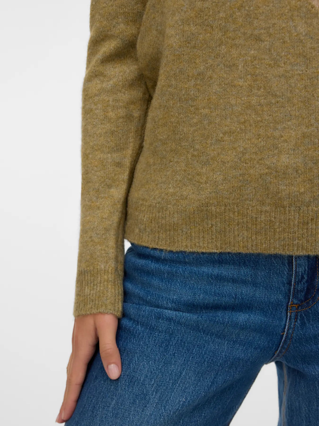 Women's modern crew neck sweater in olive, cream and taupe with geometric chevron pattern for transitional season styling.