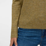 Women's modern crew neck sweater in olive, cream and taupe with geometric chevron pattern for transitional season styling.