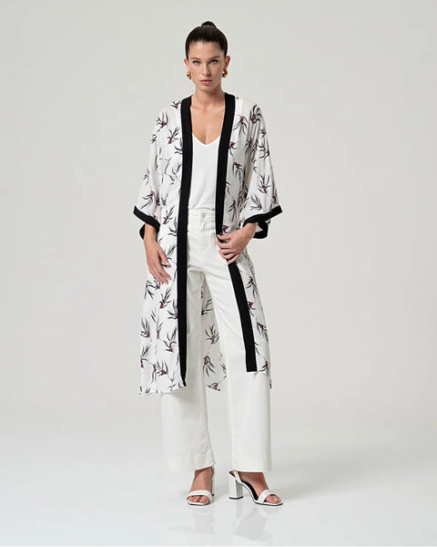 Elegant open-front kimono jacket in ivory with delicate floral print, perfect for casual chic outfits, vacations, and special occasions.