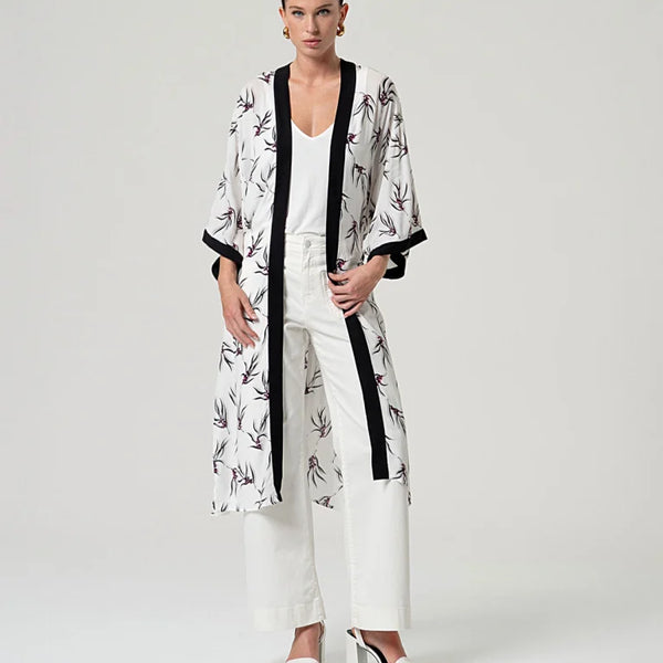 Elegant open-front kimono jacket in ivory with delicate floral print, perfect for casual chic outfits, vacations, and special occasions.