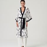Women's elegant long floral kimono designed for layering over dresses, camisoles, linen trousers, or tailored separates.