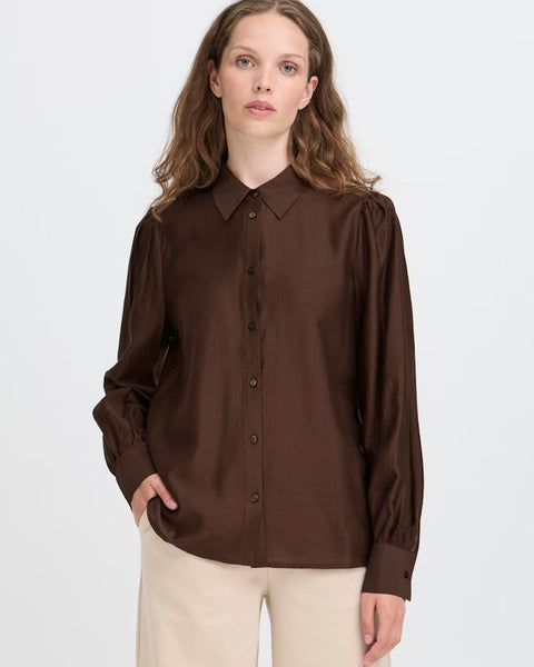 Women’s chocolate brown satin blouse with button front and puff sleeves for elegant workwear, evening, and smart casual outfits.