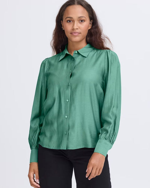 Women’s green satin blouse with button front, puff sleeves, and pointed collar for elegant workwear, office, and evening outfits.
