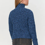 Women’s blue chunky knit zip-up cardigan sweater with collar for cozy fall and winter layering.