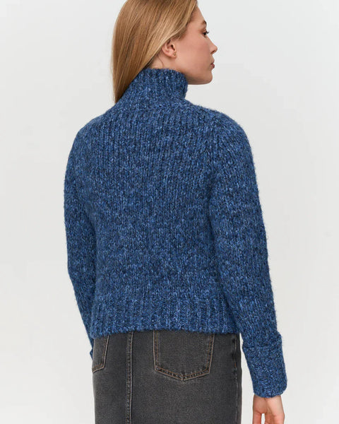Women’s blue chunky knit zip-up cardigan sweater with collar for cozy fall and winter layering.