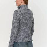 Gray chunky knit pullover sweater for women with high neck and textured knit for stylish cold-weather outfits.