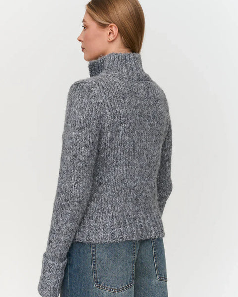 Gray chunky knit pullover sweater for women with high neck and textured knit for stylish cold-weather outfits.