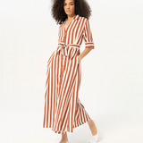 Women’s terracotta striped belted dress with elegant shirt-style design and breezy silhouette for modern resort chic looks.