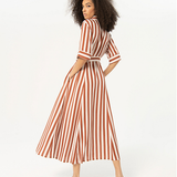 Casual luxe striped midi dress featuring tailored collar, side pockets, and belted waist for refined everyday summer fashion.