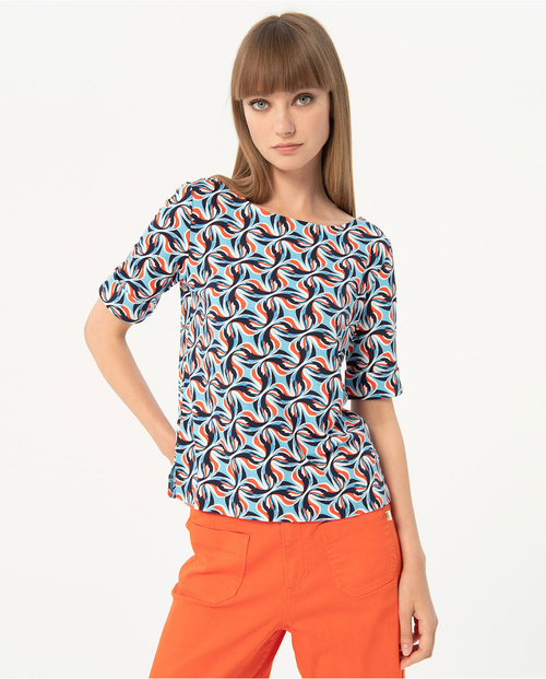 Women’s retro swirl print blouse with vibrant abstract pattern and modern elbow sleeves for bold contemporary fashion styling.
