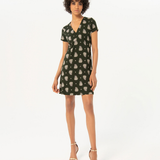 Women’s dark green floral mini dress with vintage-inspired print and flattering V-neck silhouette for chic everyday style.