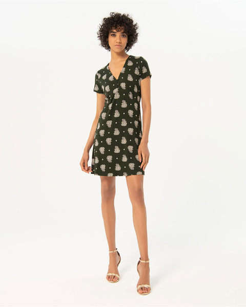 Women’s dark green floral mini dress with vintage-inspired print and flattering V-neck silhouette for chic everyday style.