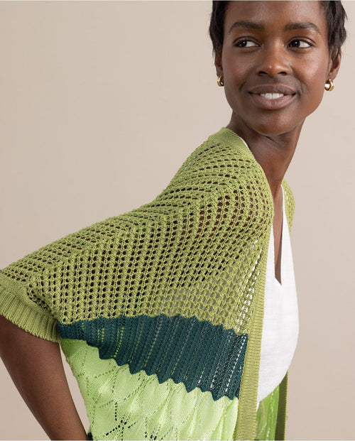 Boutique-style women’s boho knit cardigan with breathable open stitch texture and relaxed oversized fit