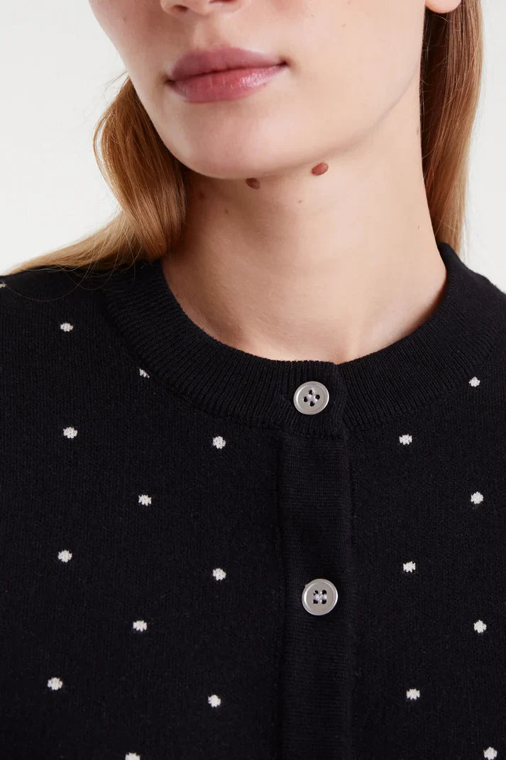 Classic black polka dot sweater cardigan with crew neck, front buttons and slim silhouette for versatile work and weekend styling.
