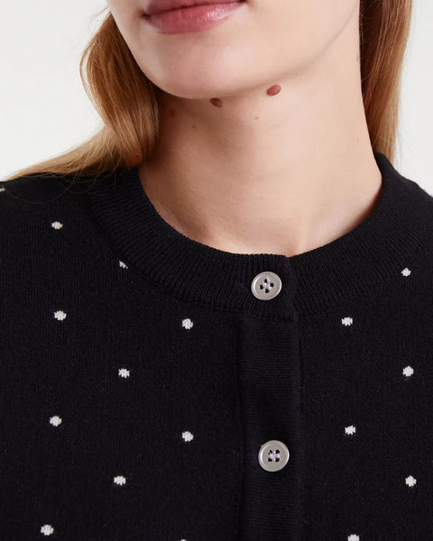 Classic black polka dot sweater cardigan with crew neck, front buttons and slim silhouette for versatile work and weekend styling.