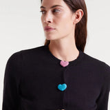 Women's black fine knit cardigan with colorful heart-shaped buttons, classic crew neckline and long sleeves for playful everyday layering.