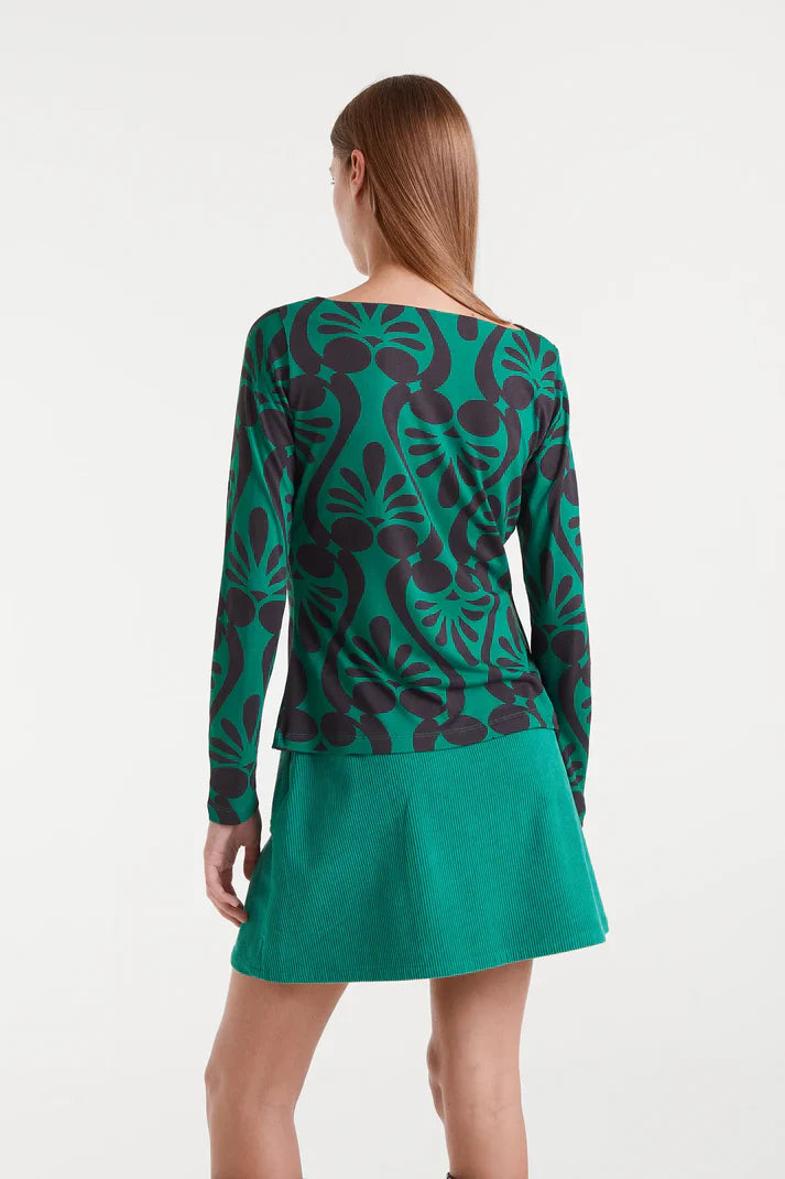 Women’s retro print top in green and black with long sleeves for colorful maximalist outfits and modern statement dressing.