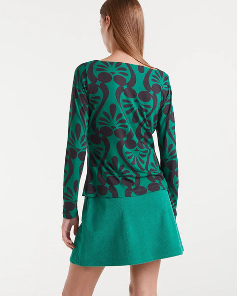 Women’s retro print top in green and black with long sleeves for colorful maximalist outfits and modern statement dressing.