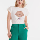 Women’s white dog graphic T-shirt with cute puppy illustration and rolled short sleeves for casual summer outfits.