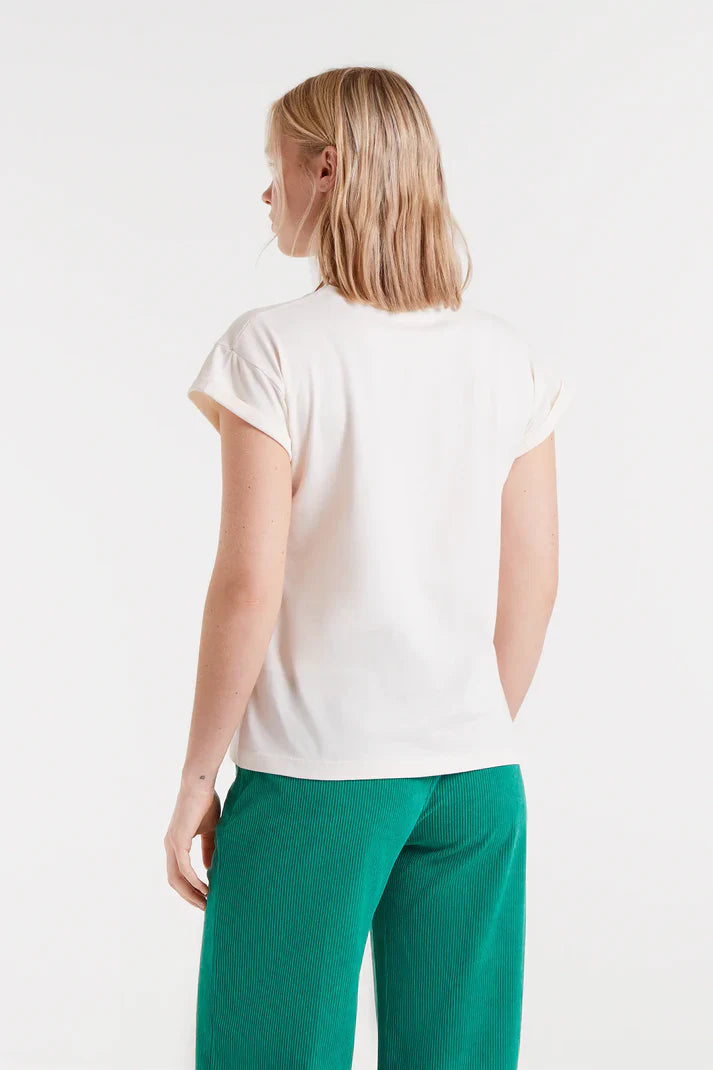 Back view of relaxed women’s graphic t-shirt with pet-inspired illustration and soft cotton feel
