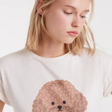 Women’s cute puppy graphic tee in white for dog lovers looking for trendy casual everyday fashion.