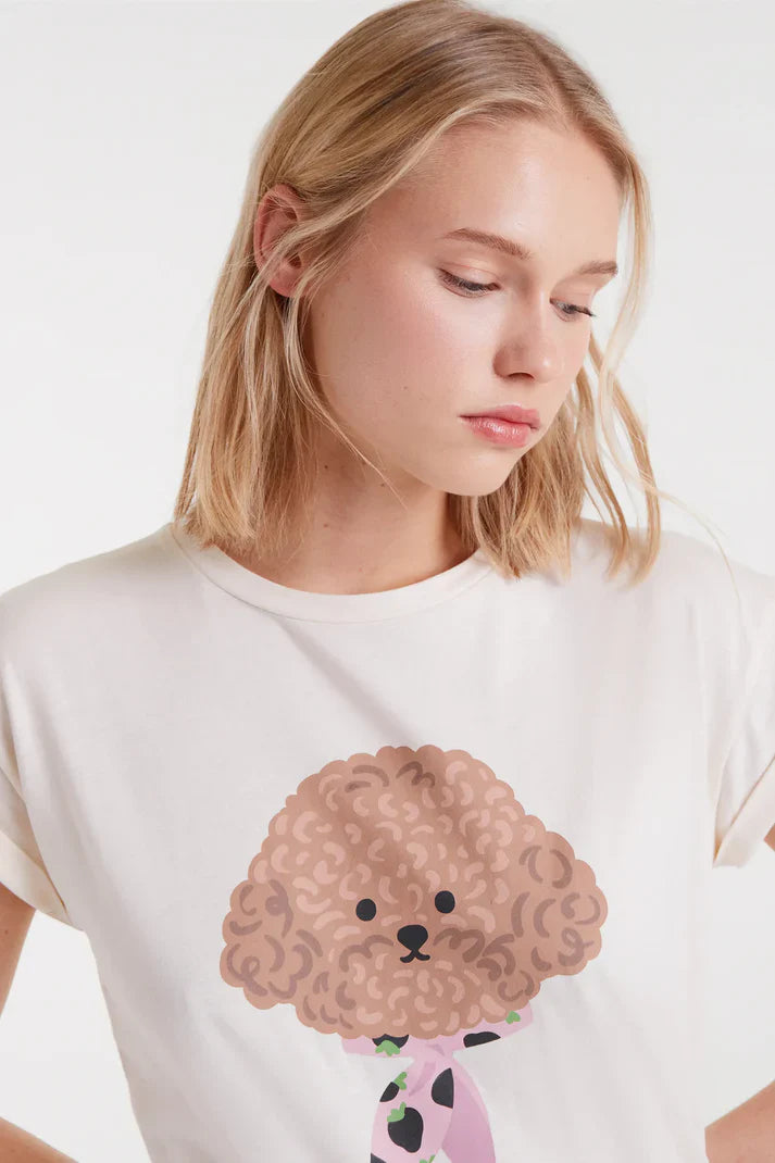 Close up of contemporary women’s playful animal print tee for chic off-duty styling