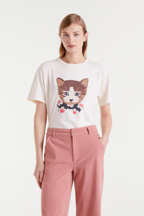 Kawaii cat graphic tee with playful fashion illustration and soft cream cotton