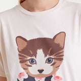 Women’s white cat graphic T-shirt with cute kitten and floral illustration for casual everyday outfits.