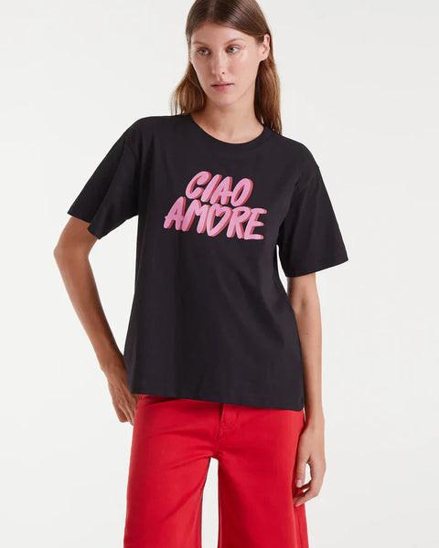 Women’s black graphic T-shirt with pink Ciao Amore slogan print and relaxed fit for trendy casual everyday outfits.