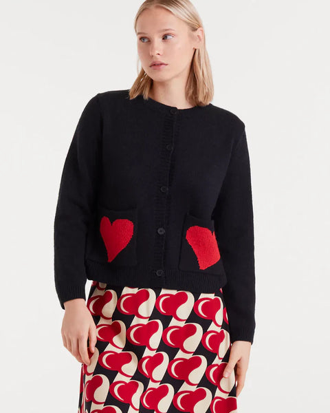 Women’s soft black cardigan with bold red heart graphic pockets