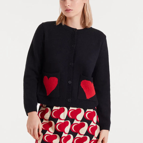 Women’s soft black cardigan with bold red heart graphic pockets