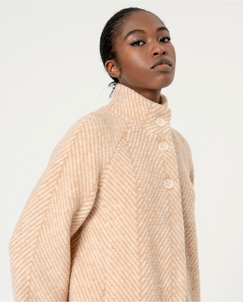 Minimalist herringbone beige midi coat with high neckline and polished timeless outerwear boutique fashion appeal.