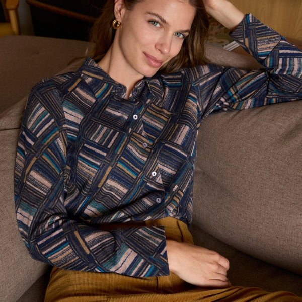 Women's long-sleeve patterned blouse with geometric stripe print, collared neckline and versatile button-front styling