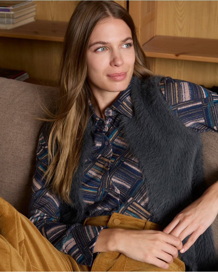 Women's navy and teal geometric print button-up shirt for stylish workwear and smart casual outfits.