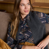 Women's navy and teal geometric print button-up shirt for stylish workwear and smart casual outfits.