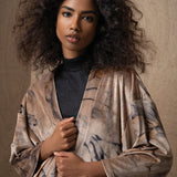 Women's taupe abstract print kimono jacket, lightweight open-front duster with wide sleeves for chic boho layering