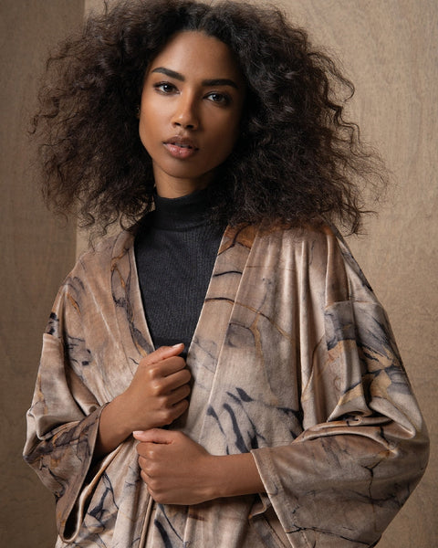 Women's taupe abstract print kimono jacket, lightweight open-front duster with wide sleeves for chic boho layering