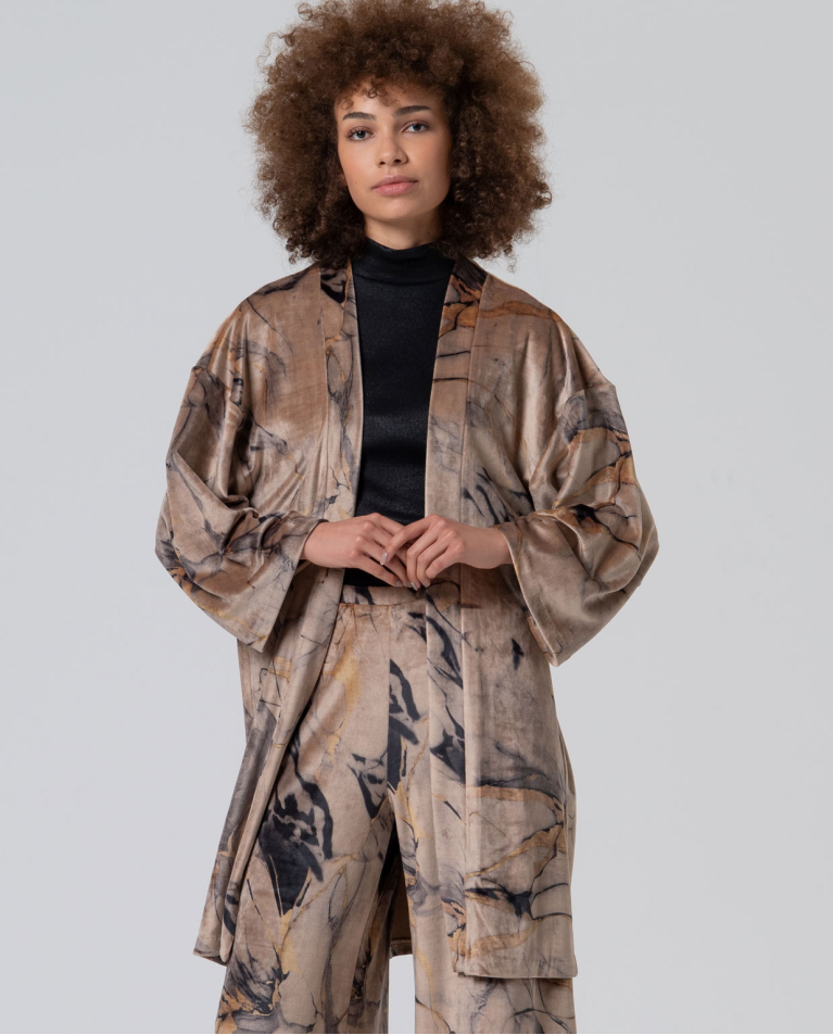 Women's lightweight long kimono cardigan in earthy taupe, brown and black abstract print for transitional layering