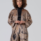 Women's lightweight long kimono cardigan in earthy taupe, brown and black abstract print for transitional layering