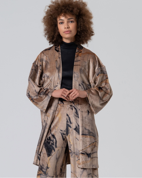 Women's lightweight long kimono cardigan in earthy taupe, brown and black abstract print for transitional layering