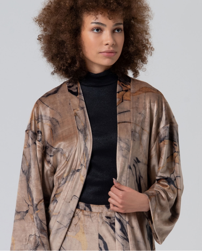 Boutique women's oversized kimono jacket in taupe and brown abstract print for sophisticated layered outfits